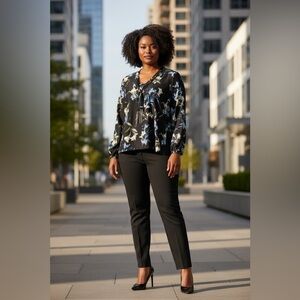 Lily Morgan, Floral Tie-Neck Blouse, Size L, Black, Blue